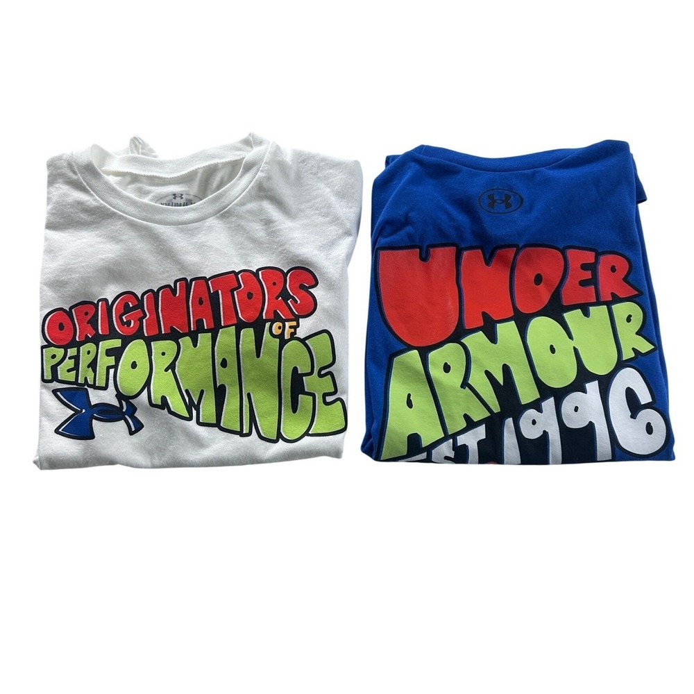 LOT 2 Under Armour Boys Youth T Shirt Blue & White Graphic Tee Size Medium NEW